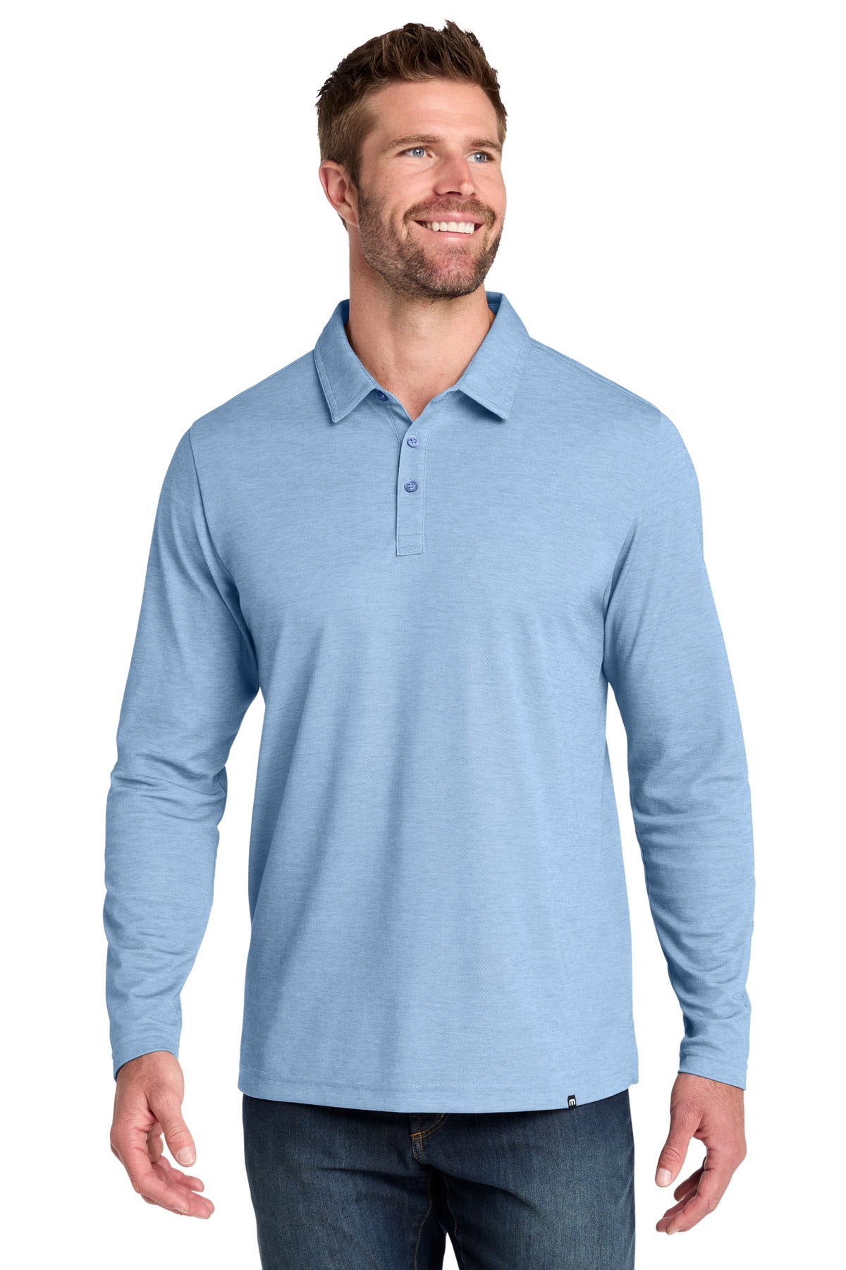 Custom logo TravisMathew Oceanside Heather Long Sleeve Polo TM1MZ343 in Allure Heather