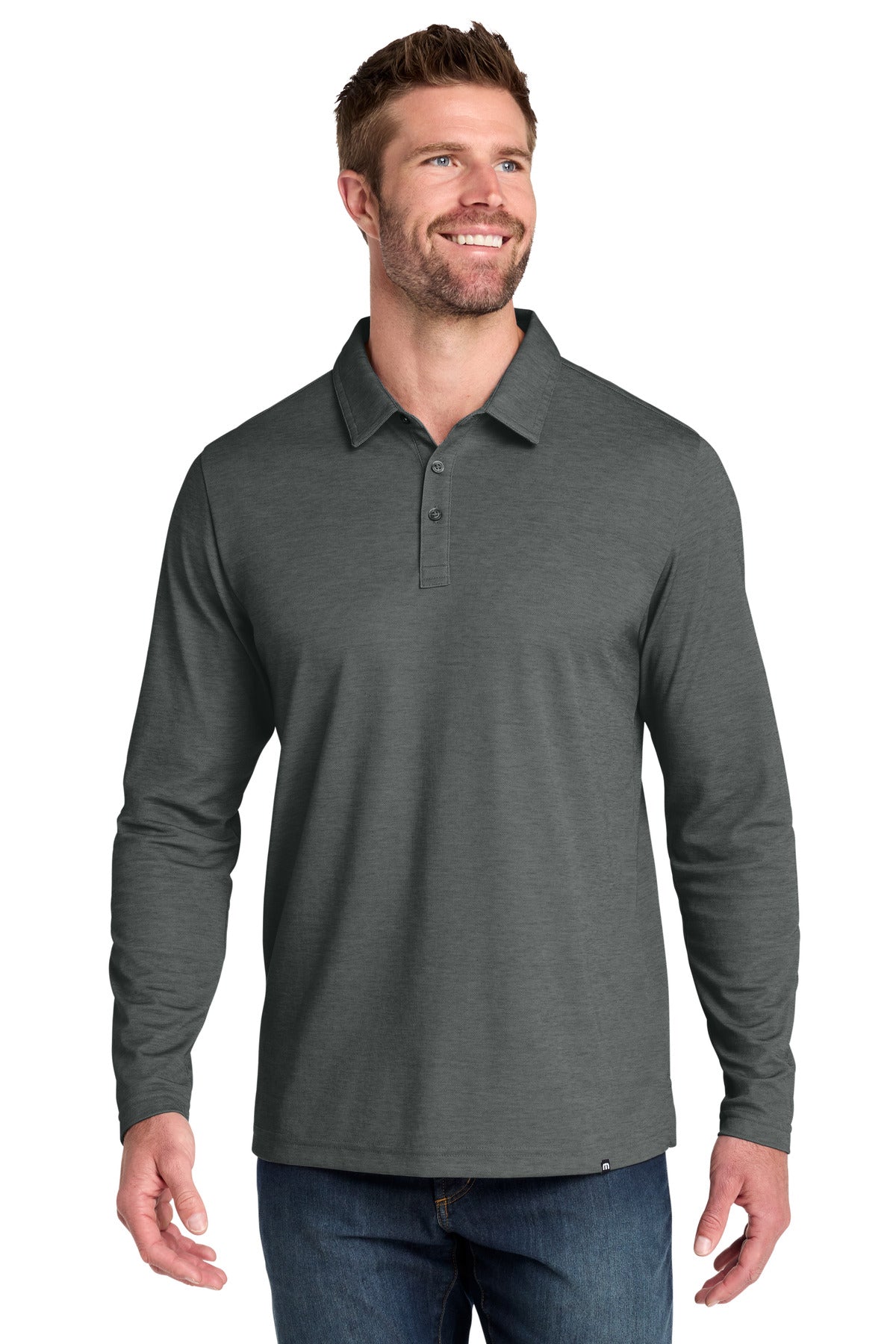Custom logo TravisMathew Oceanside Heather Long Sleeve Polo TM1MZ343 in Black Heather