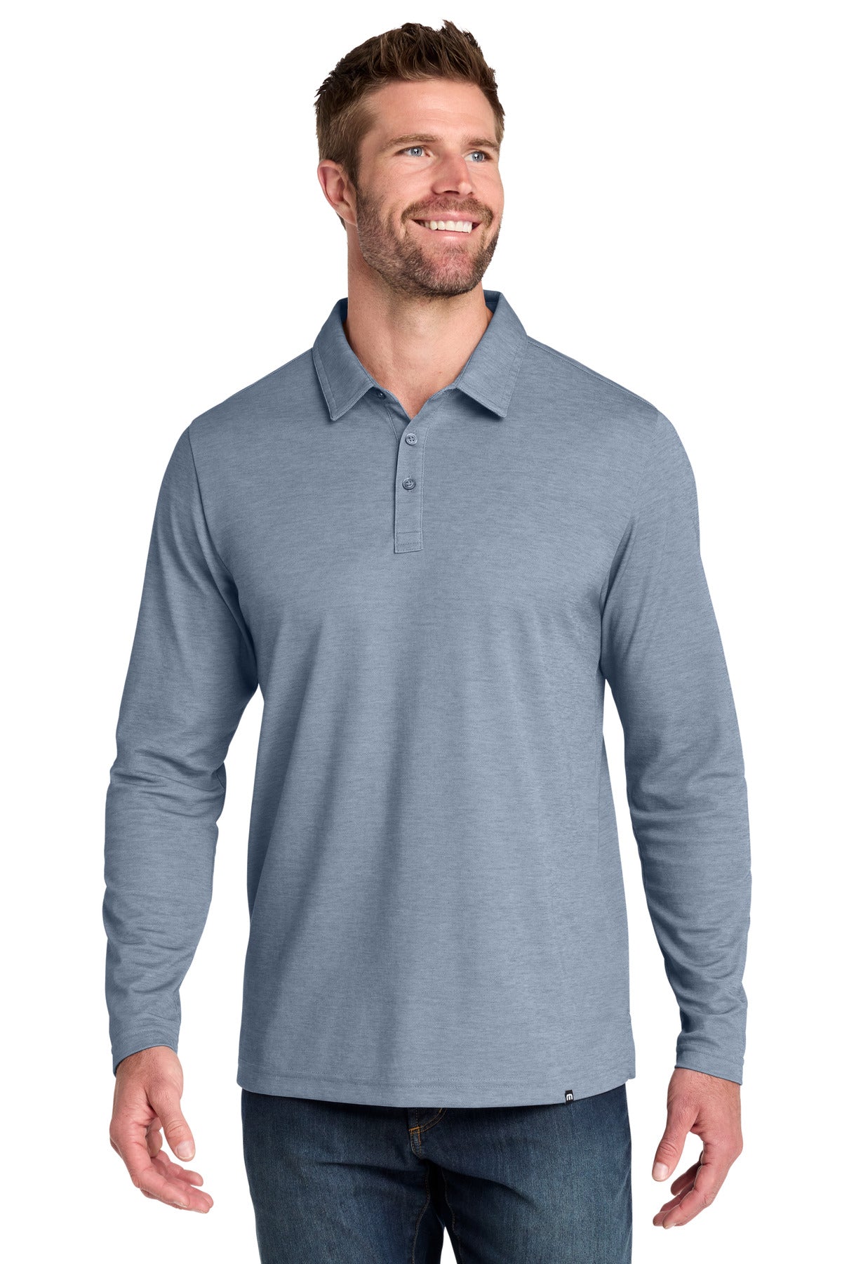 Custom logo TravisMathew Oceanside Heather Long Sleeve Polo TM1MZ343 in Blue Nights Heather