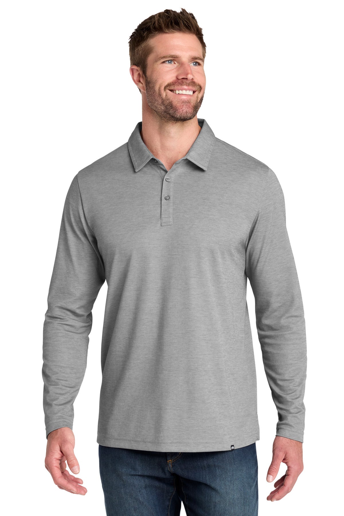 Custom logo TravisMathew Oceanside Heather Long Sleeve Polo TM1MZ343 in Quiet Shade Grey Heather