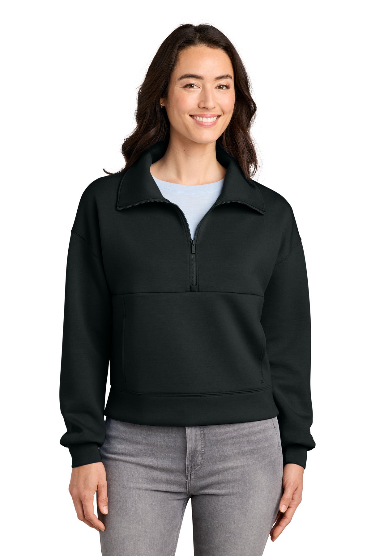 Custom logo TravisMathew Women's Momentum Shift 1/2-Zip TMA42219 in Black