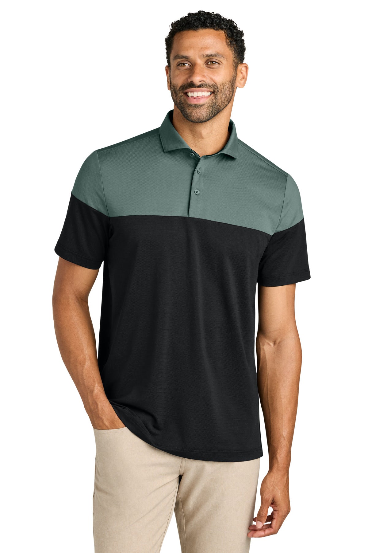 Custom logo TravisMathew Onward Colorblock Polo TMA42774 in Balsam Green/ Black