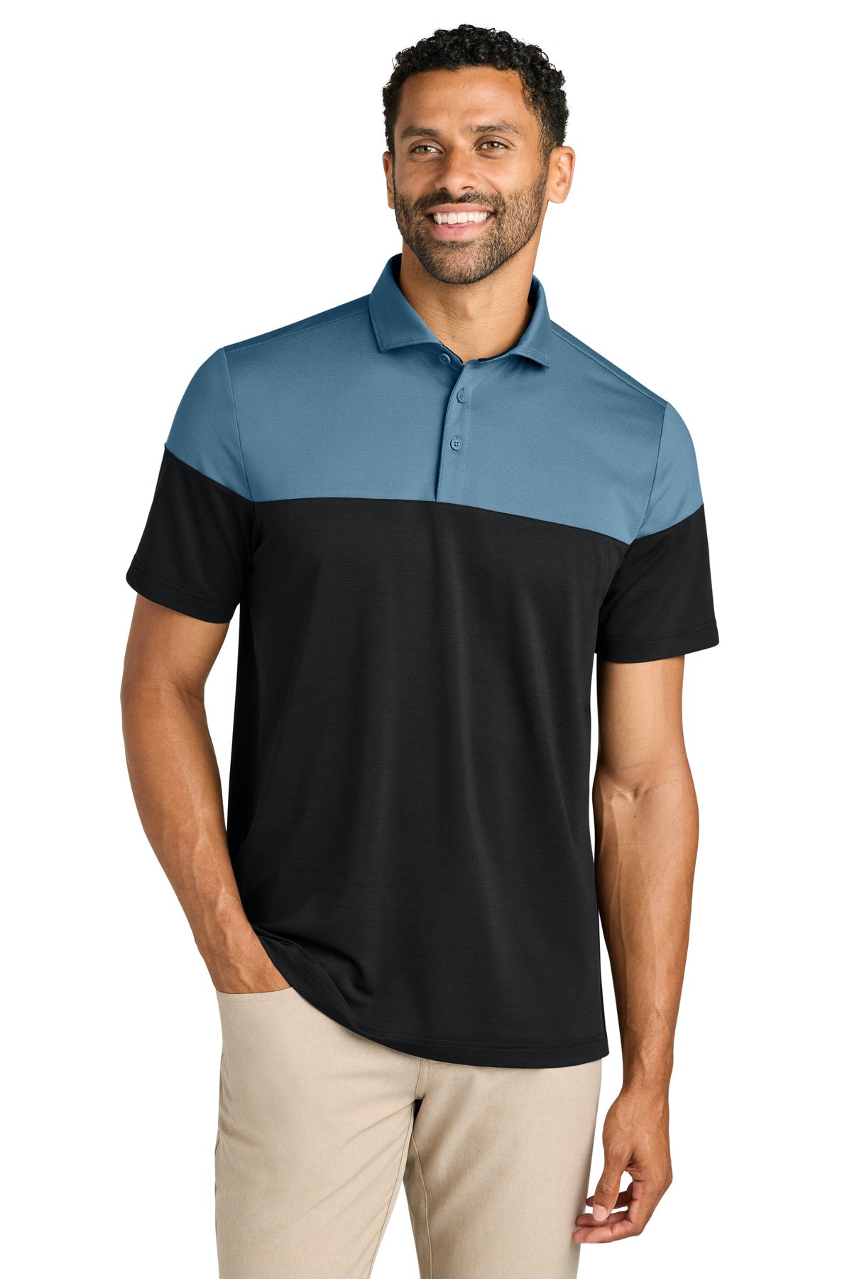 Custom logo TravisMathew Onward Colorblock Polo TMA42774 in Copen Blue/ Black