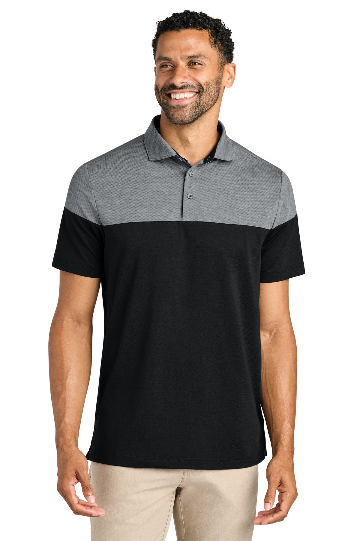 Custom logo TravisMathew Onward Colorblock Polo TMA42774 in Quiet Shade Grey Heather/ Black
