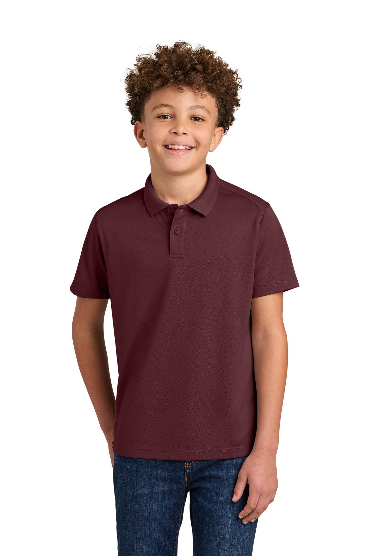 Custom logo Port Authority® Youth Wearever Performance Pique Polo Y240 in Burgundy