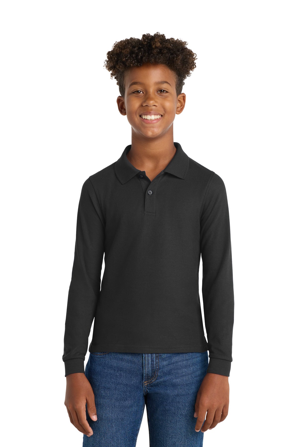 Custom logo Port Authority® Youth Long Sleeve Silk Touch™ Polo.  Y500LS in Black