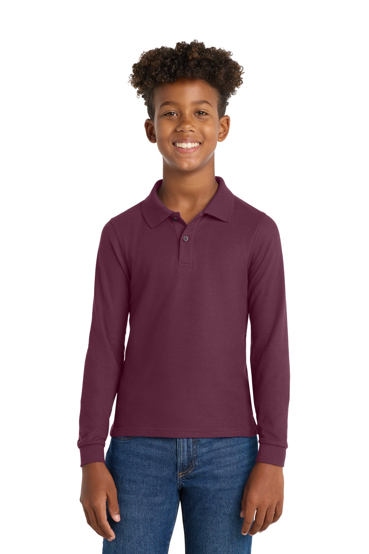 Custom logo Port Authority® Youth Long Sleeve Silk Touch™ Polo.  Y500LS in Burgundy