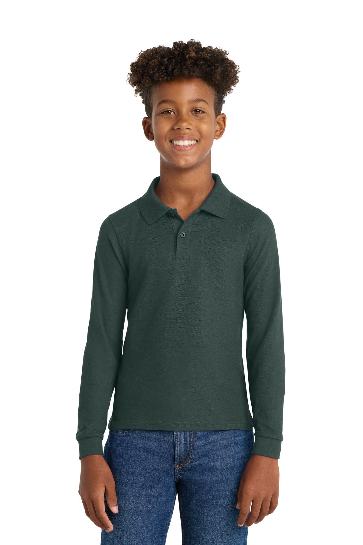 Custom logo Port Authority® Youth Long Sleeve Silk Touch™ Polo.  Y500LS in Dark Green