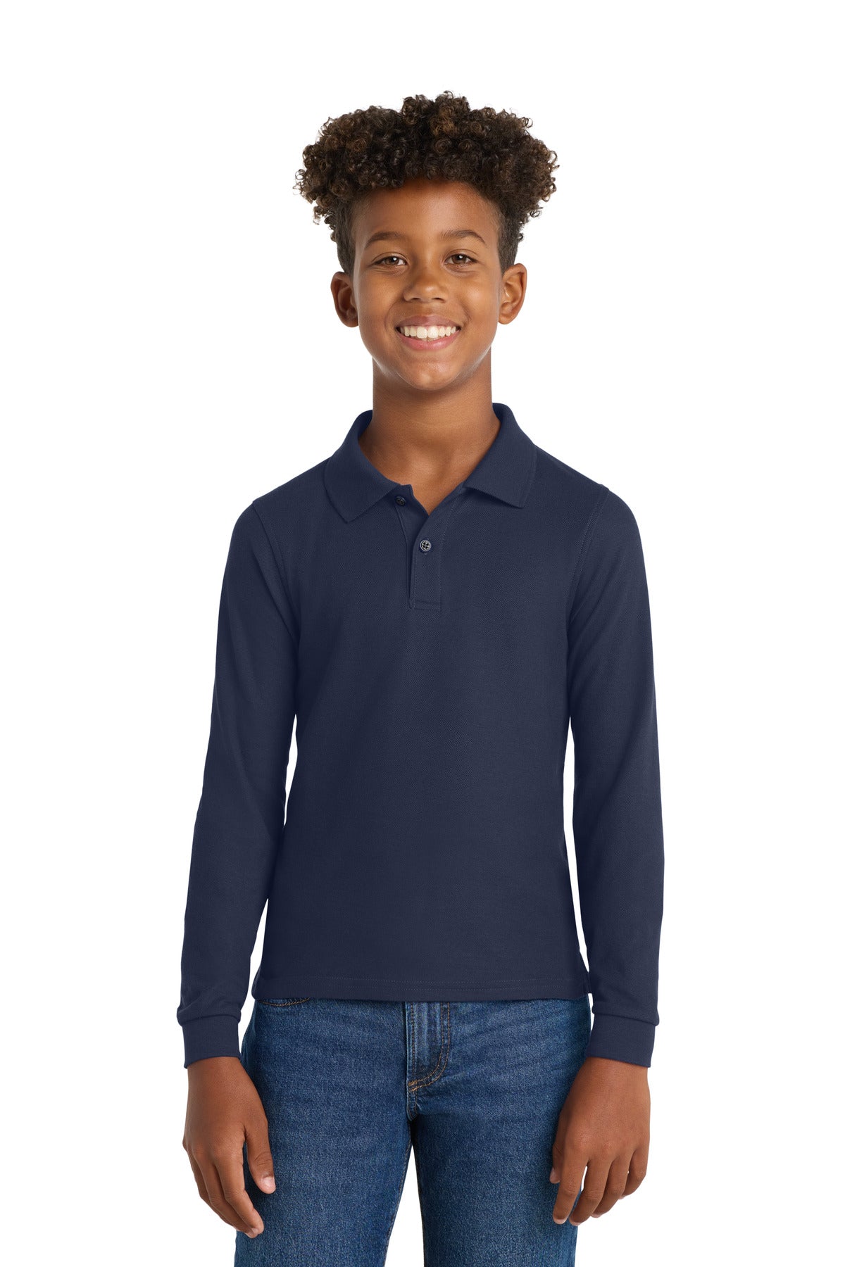 Custom logo Port Authority® Youth Long Sleeve Silk Touch™ Polo.  Y500LS in Navy