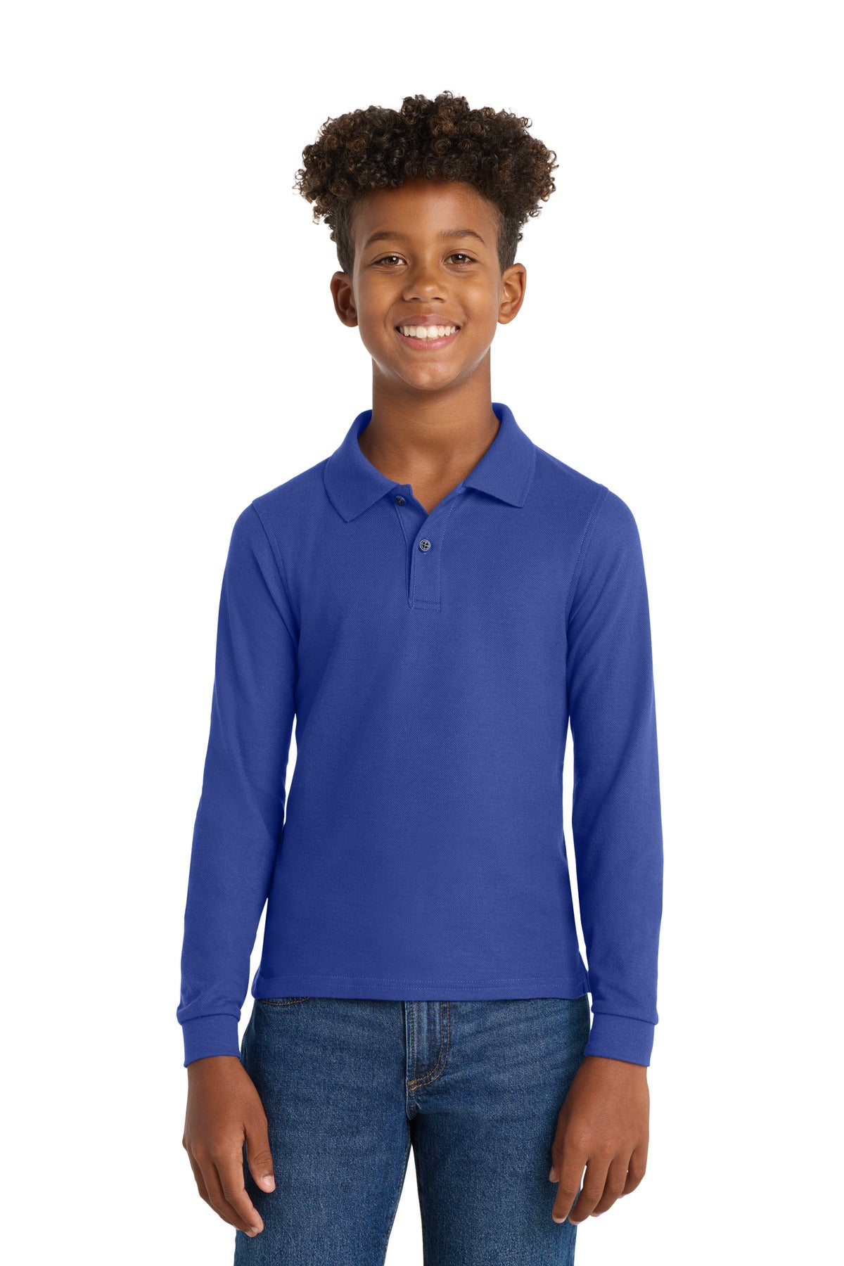 Custom logo Port Authority® Youth Long Sleeve Silk Touch™ Polo.  Y500LS in Royal
