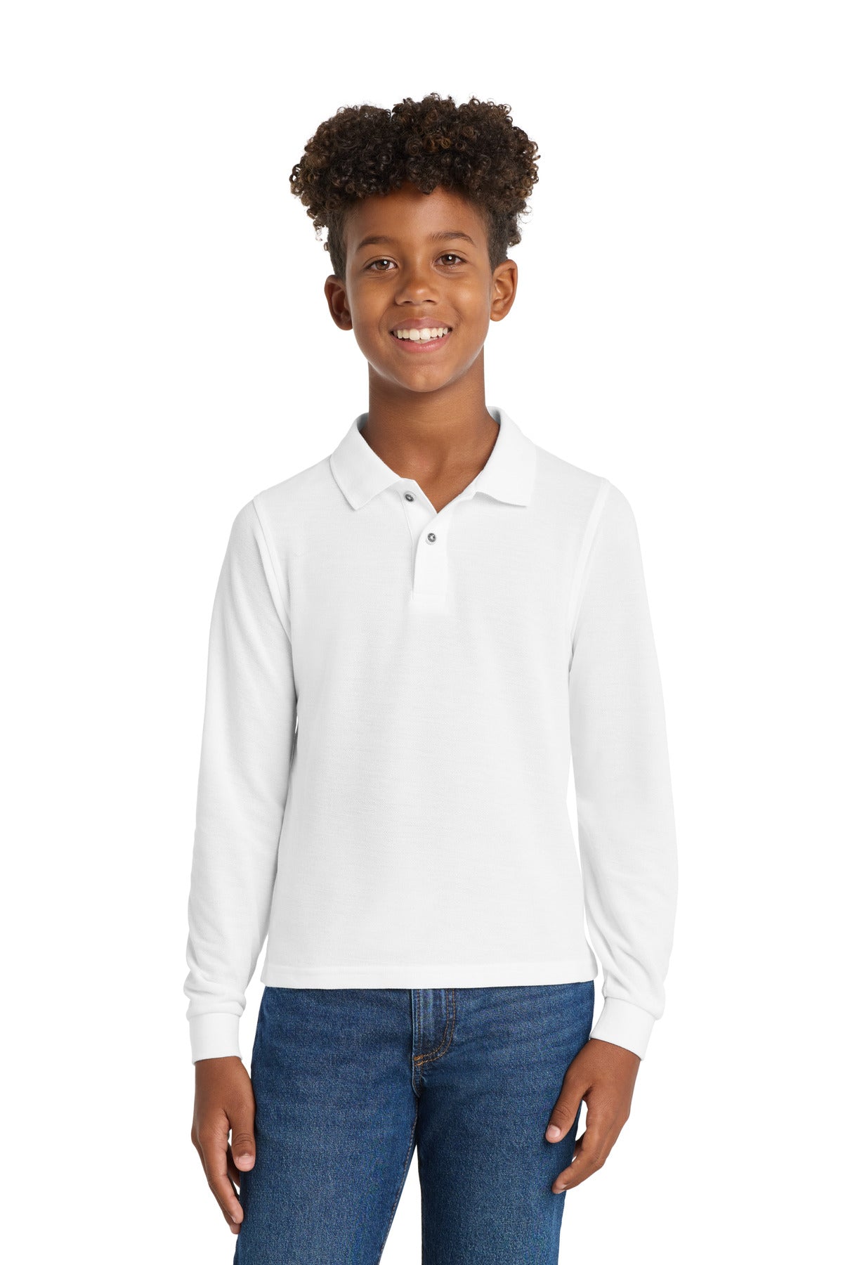 Custom logo Port Authority® Youth Long Sleeve Silk Touch™ Polo.  Y500LS in White