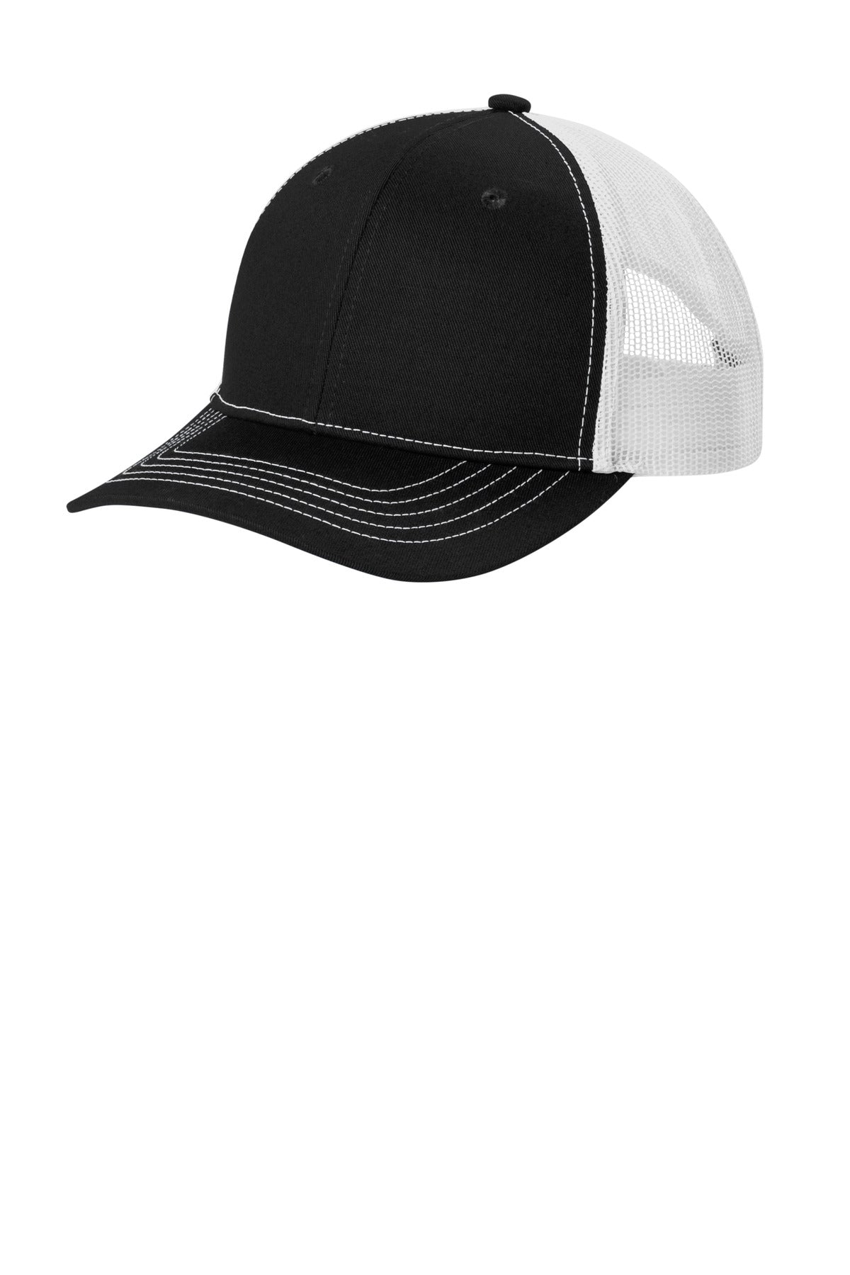 Custom logo Port Authority® Youth Snapback Trucker Cap YC402 in Black/ White