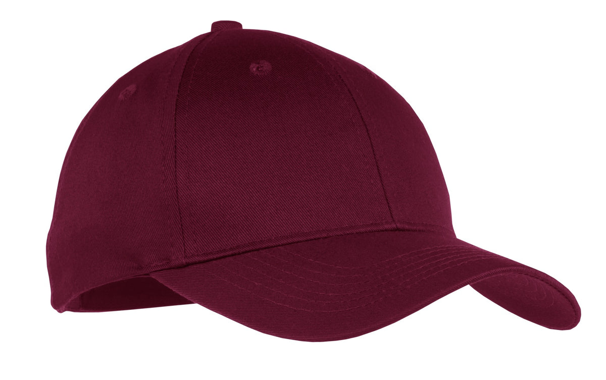 Custom logo Port Authority® Youth Six-Panel Twill Cap.  YCP80 in Maroon