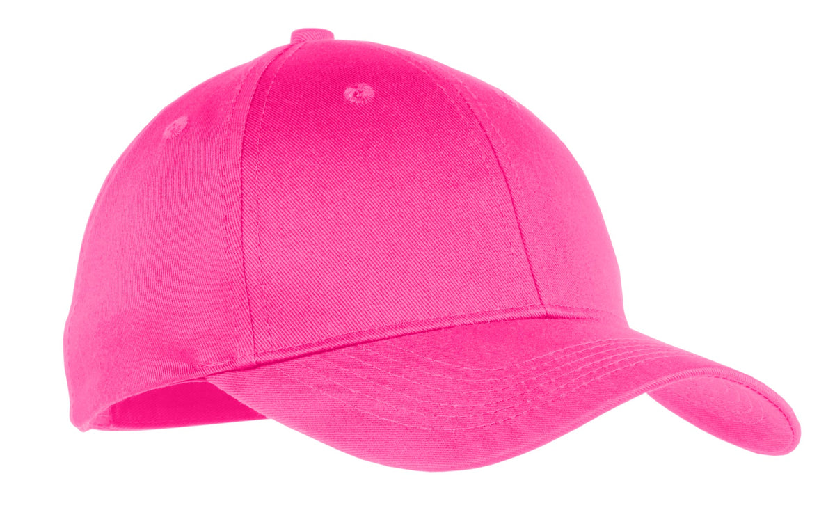 Custom logo Port Authority® Youth Six-Panel Twill Cap.  YCP80 in Neon Pink