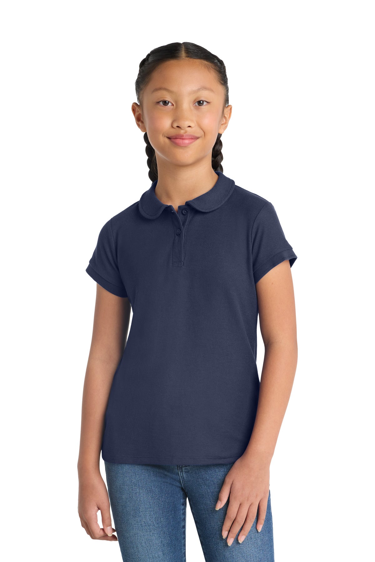 Custom logo Port Authority® Girls Silk Touch™ Peter Pan Collar Polo. YG503 in Navy