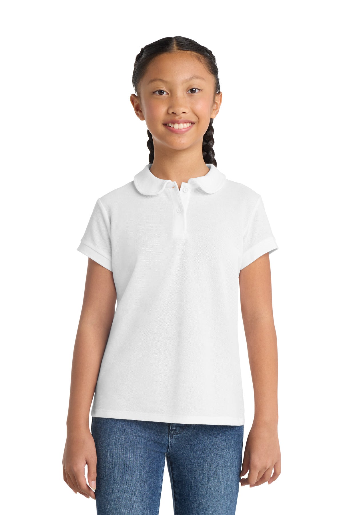 Custom logo Port Authority® Girls Silk Touch™ Peter Pan Collar Polo. YG503 in White