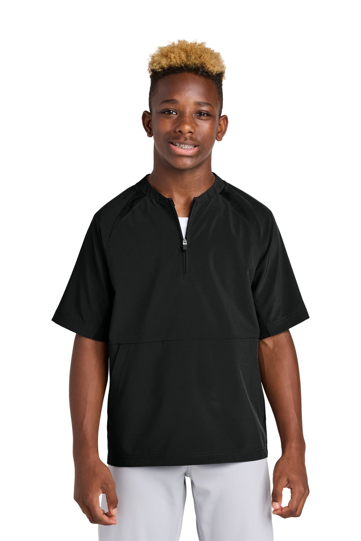 Custom logo Sport-Tek® Youth Repeat 1/2-Zip Short Sleeve Jacket YJST489 in Black