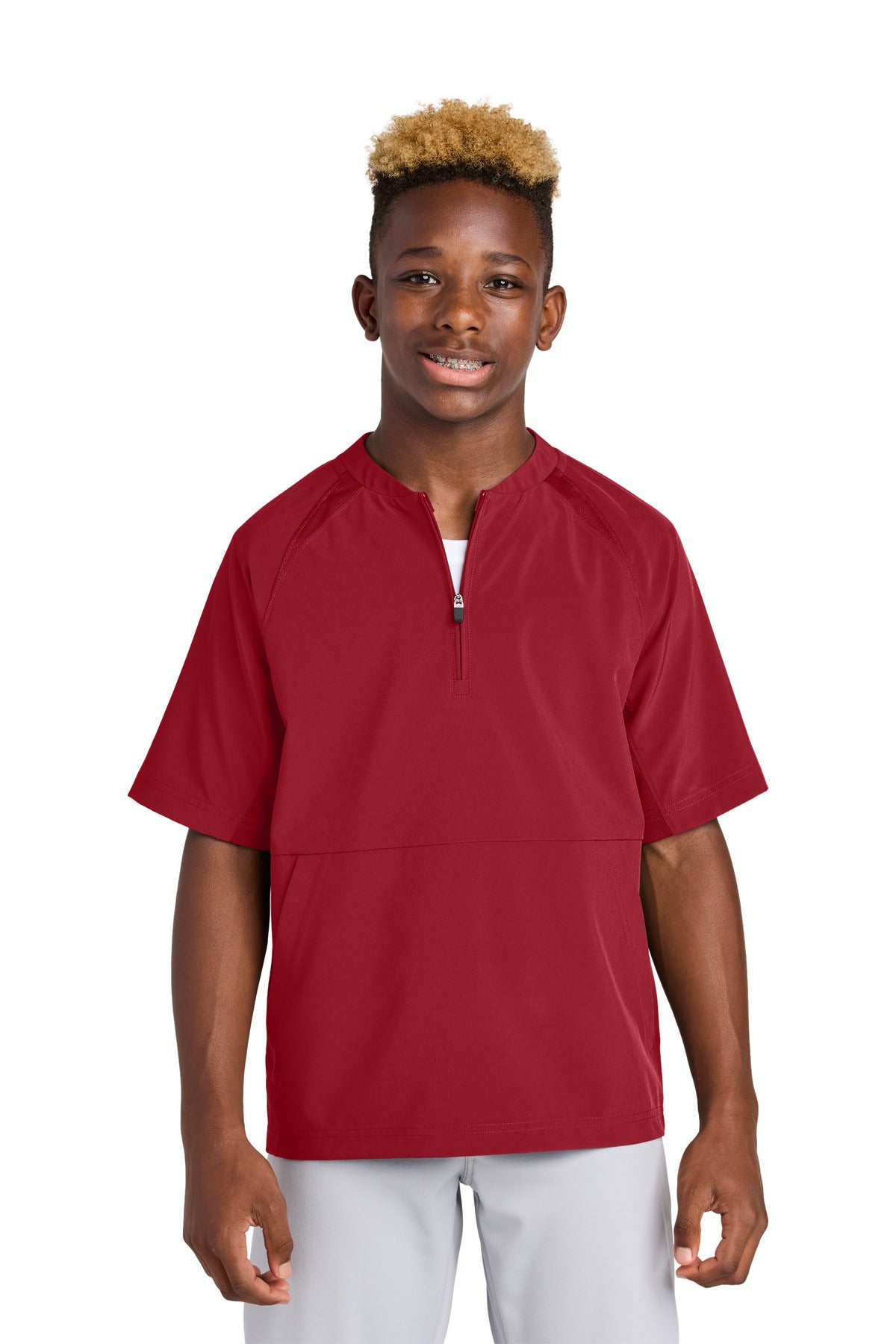 Custom logo Sport-Tek® Youth Repeat 1/2-Zip Short Sleeve Jacket YJST489 in Deep Red