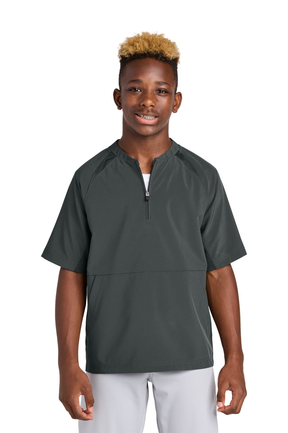 Custom logo Sport-Tek® Youth Repeat 1/2-Zip Short Sleeve Jacket YJST489 in Iron Grey