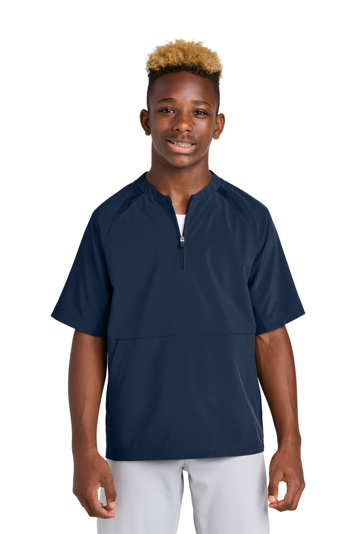 Custom logo Sport-Tek® Youth Repeat 1/2-Zip Short Sleeve Jacket YJST489 in True Navy