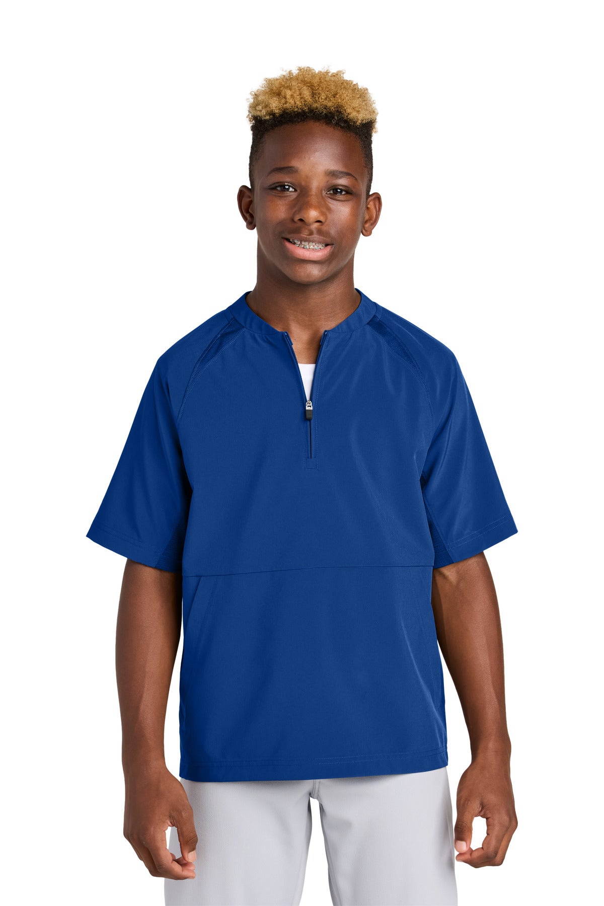 Custom logo Sport-Tek® Youth Repeat 1/2-Zip Short Sleeve Jacket YJST489 in True Royal