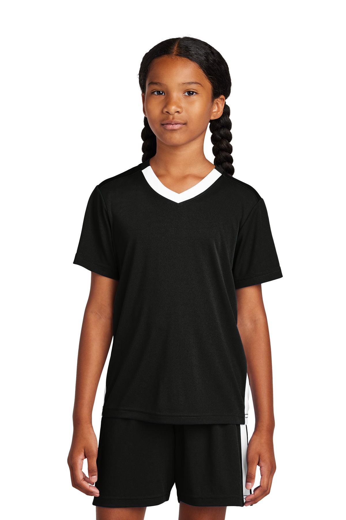 Custom logo Sport-Tek® Youth Competitor™ United V-Neck YST101 in Black/ White