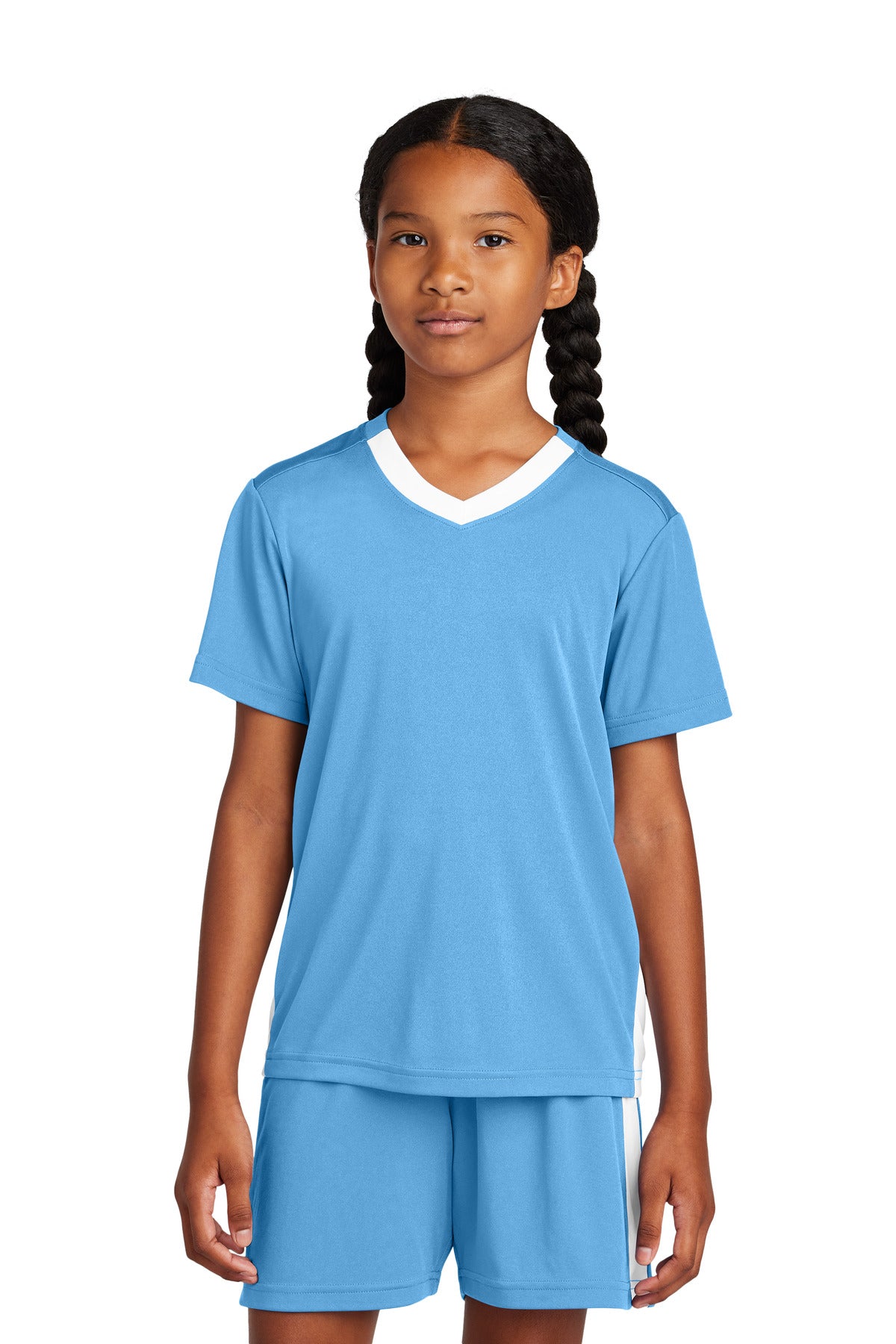 Custom logo Sport-Tek® Youth Competitor™ United V-Neck YST101 in Carolina Blue/ White