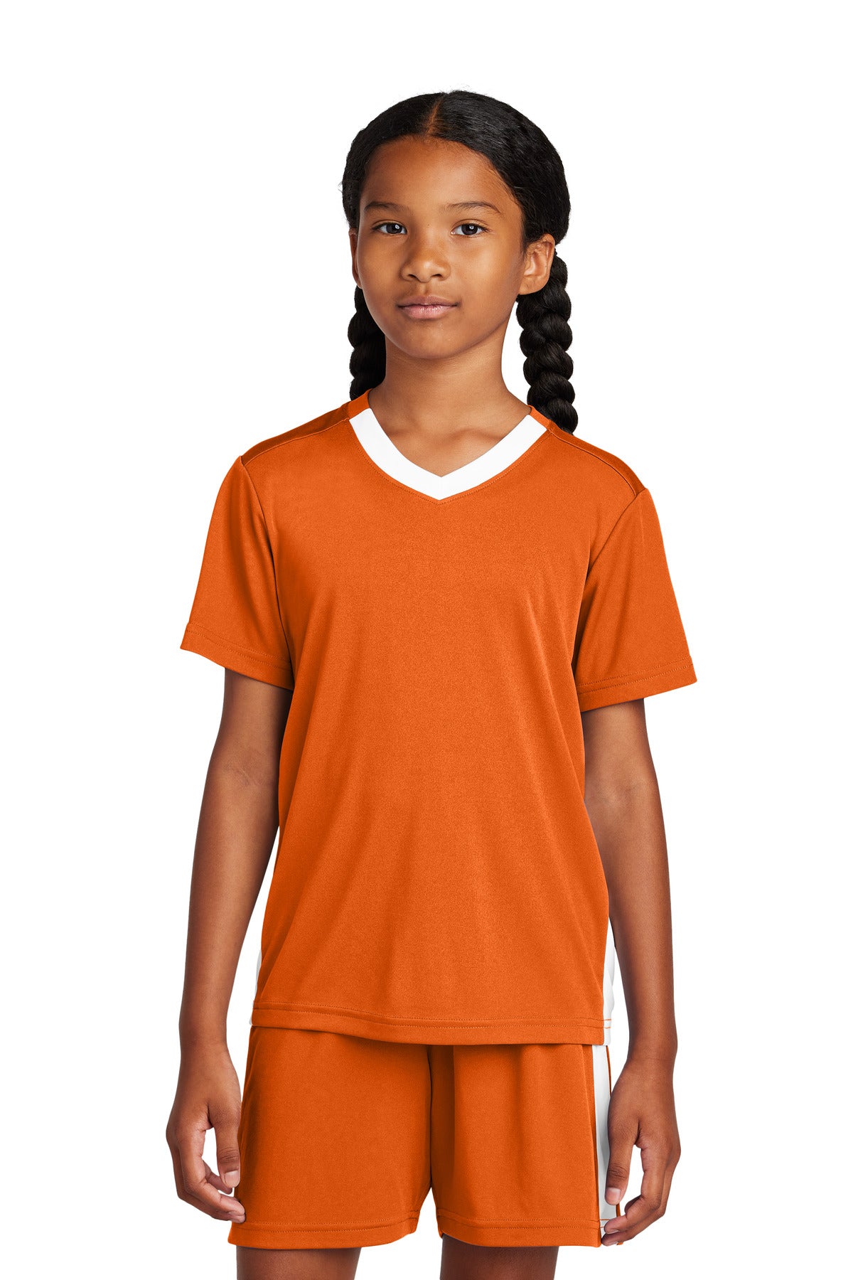 Custom logo Sport-Tek® Youth Competitor™ United V-Neck YST101 in Deep Orange/ White