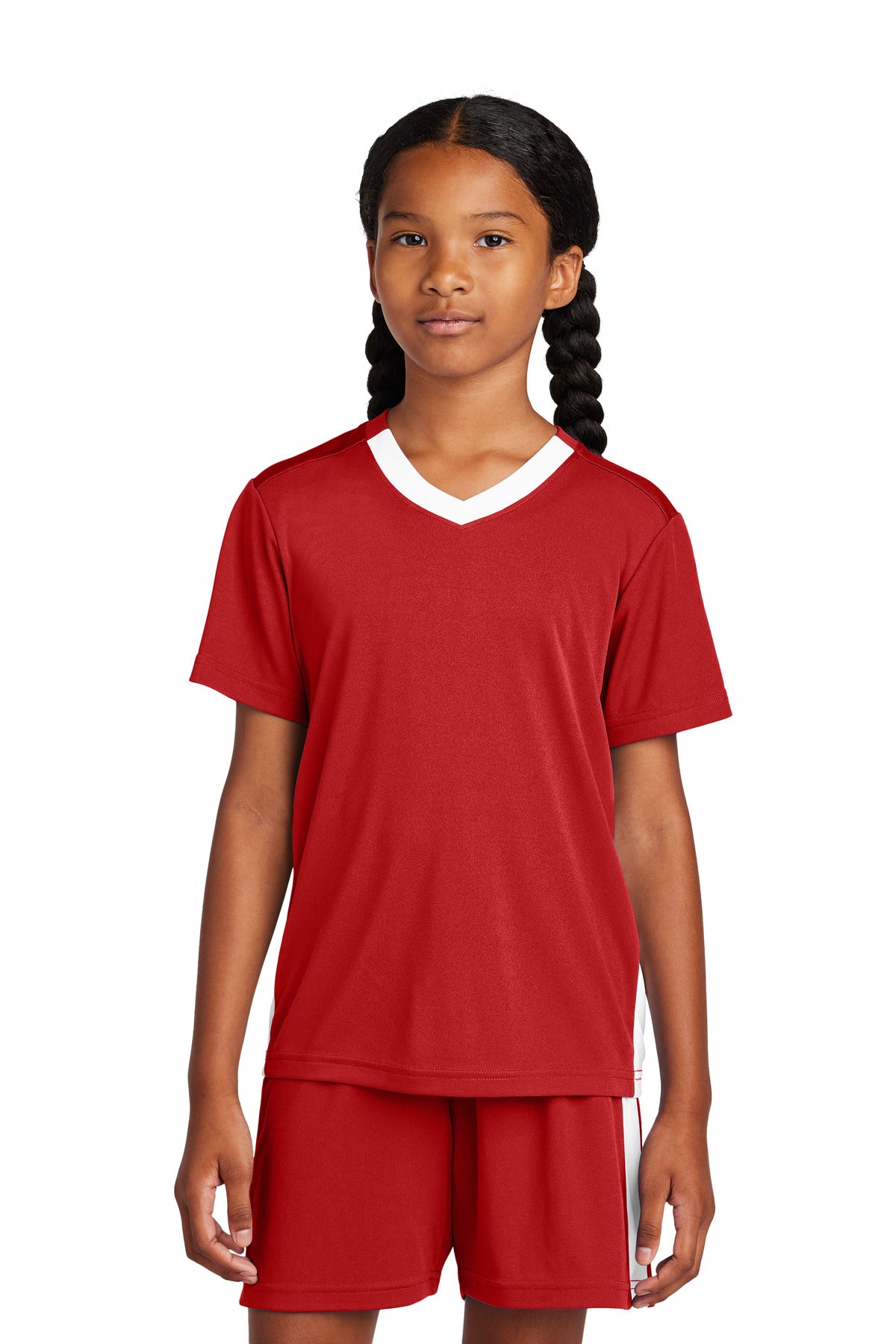 Custom logo Sport-Tek® Youth Competitor™ United V-Neck YST101 in Deep Red/ White