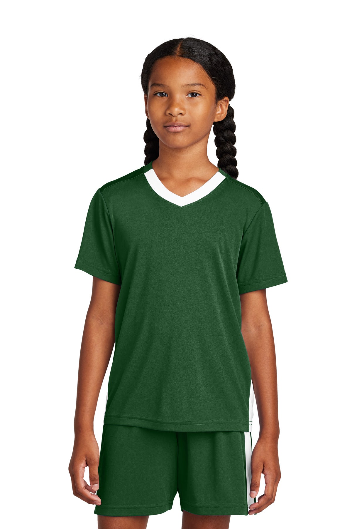 Custom logo Sport-Tek® Youth Competitor™ United V-Neck YST101 in Forest Green/ White