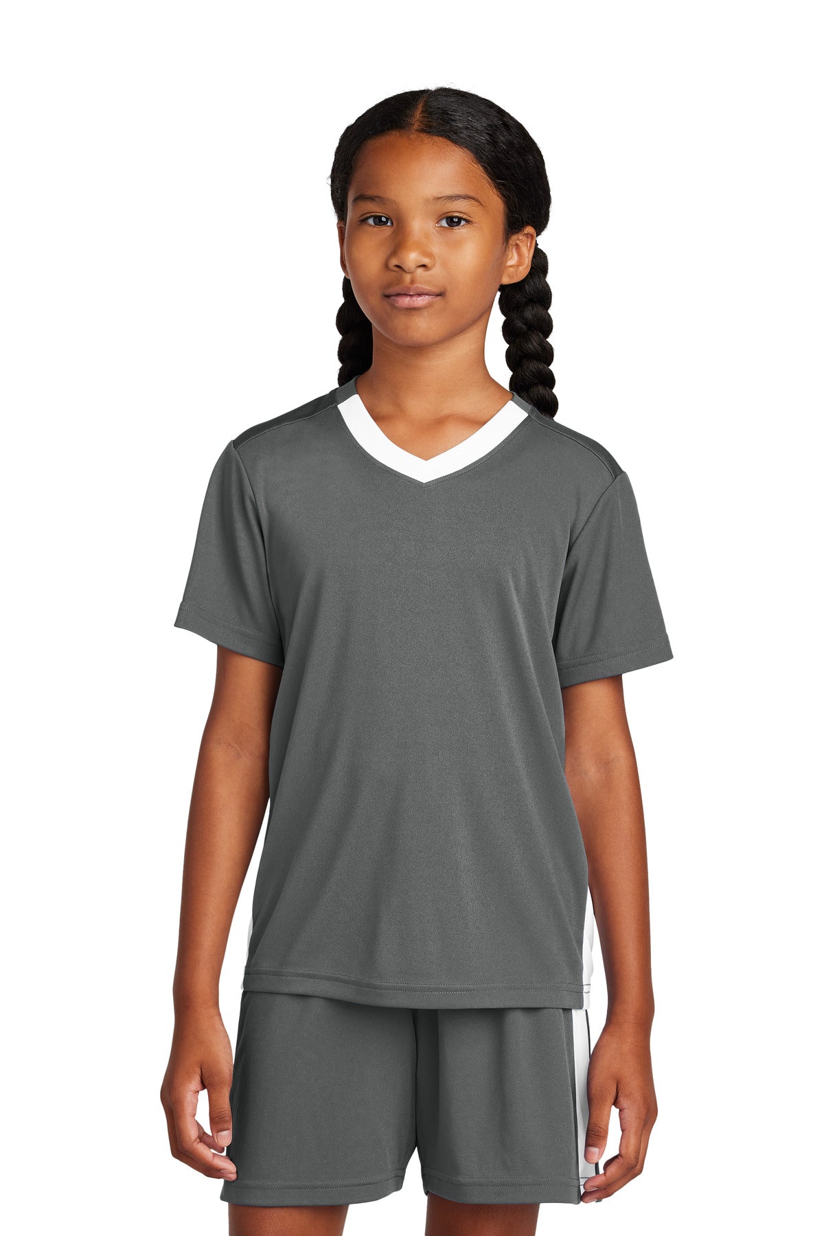 Custom logo Sport-Tek® Youth Competitor™ United V-Neck YST101 in Iron Grey/ White