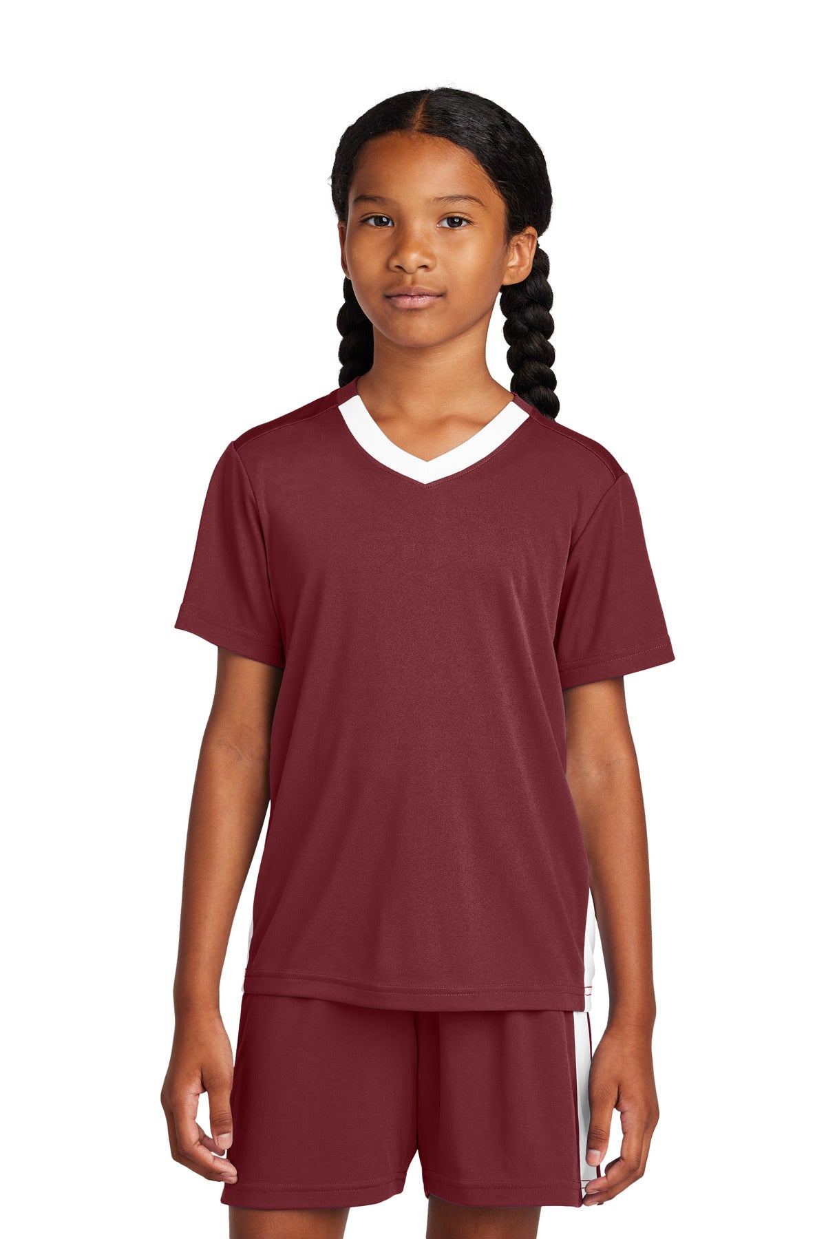 Custom logo Sport-Tek® Youth Competitor™ United V-Neck YST101 in Maroon/ White