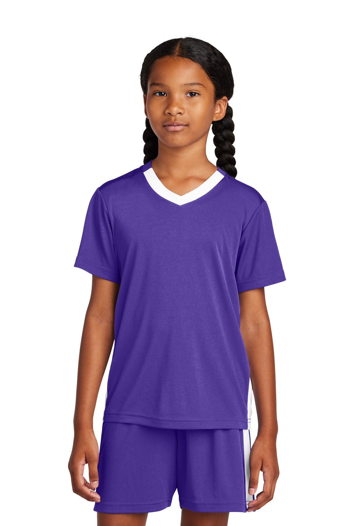Custom logo Sport-Tek® Youth Competitor™ United V-Neck YST101 in Purple/ White