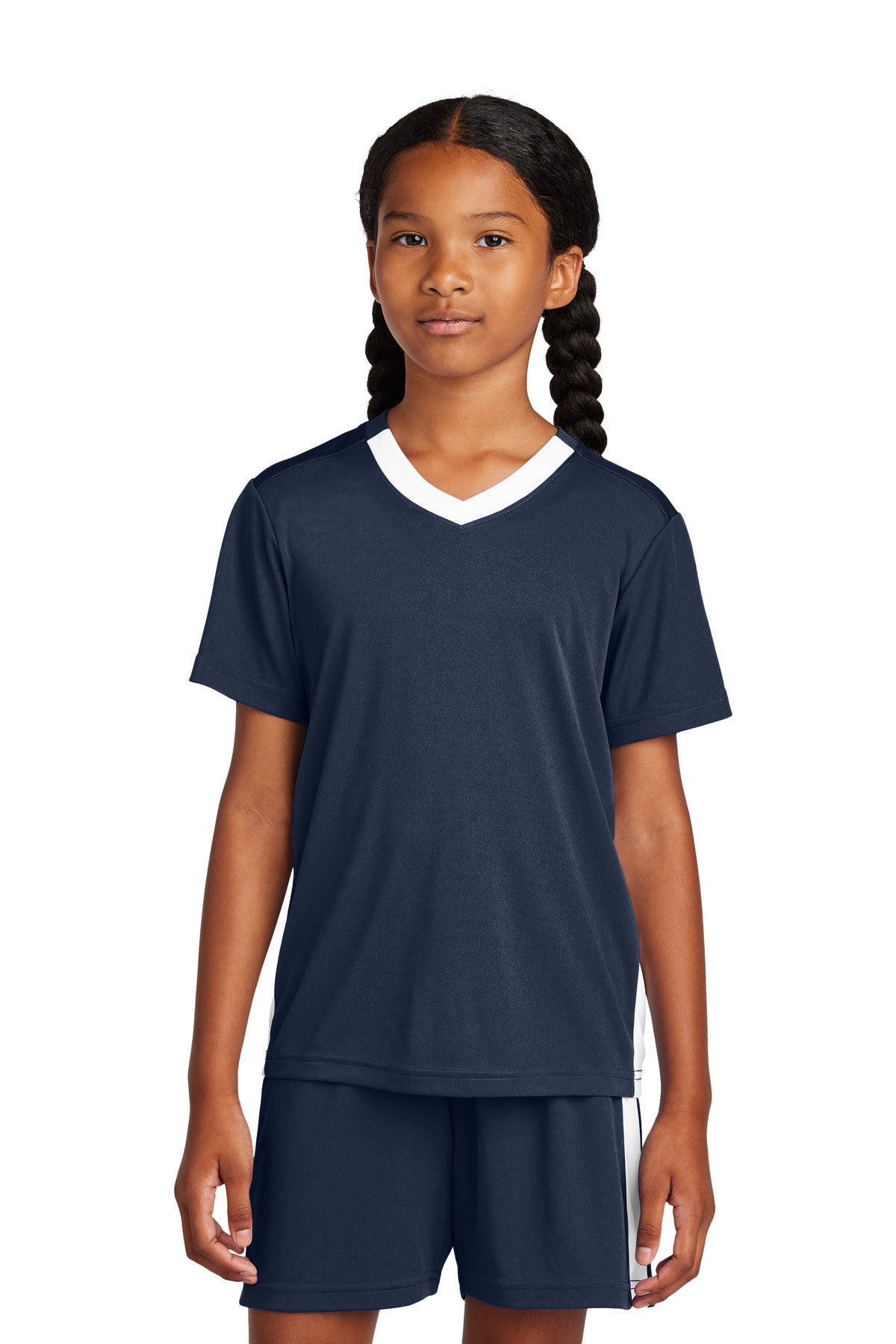 Custom logo Sport-Tek® Youth Competitor™ United V-Neck YST101 in True Navy/ White