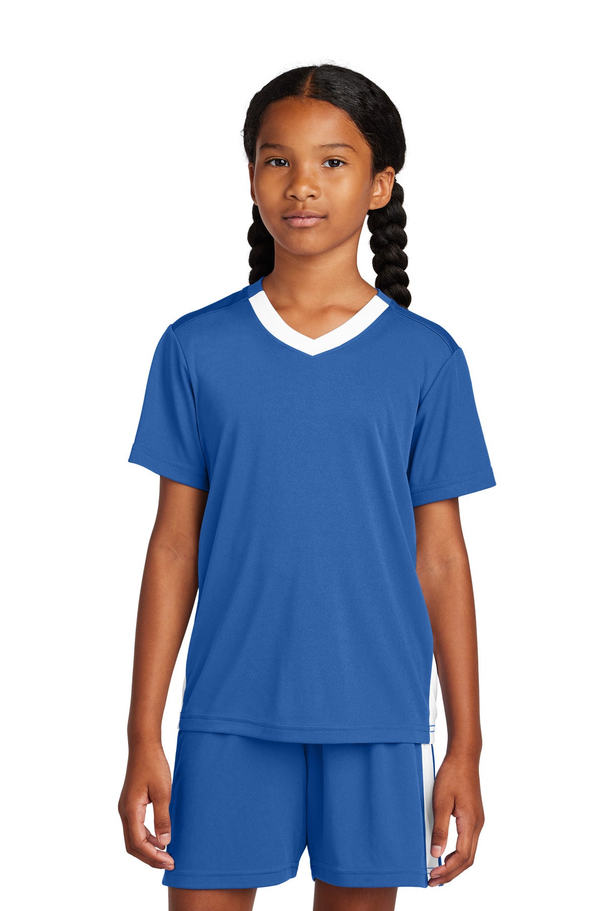 Custom logo Sport-Tek® Youth Competitor™ United V-Neck YST101 in True Royal/ White