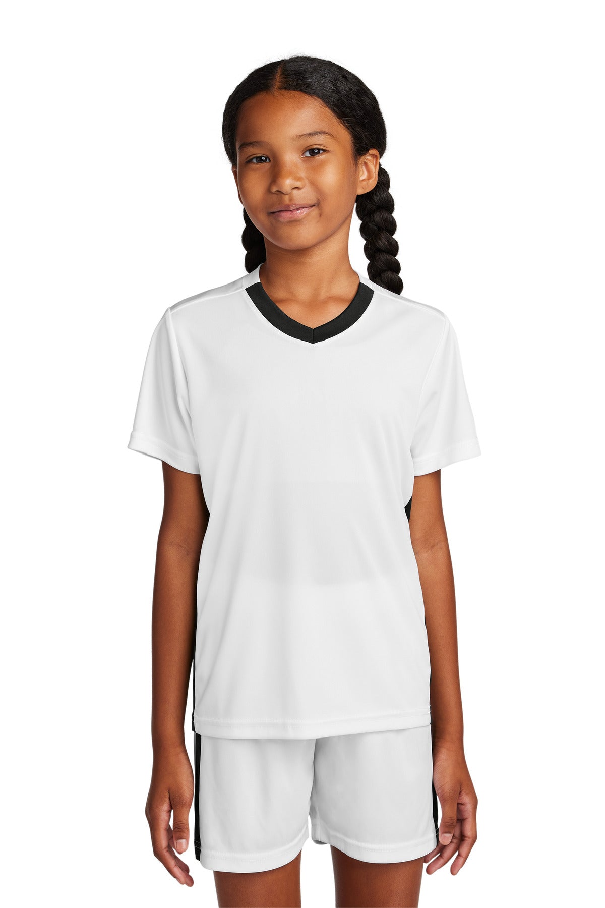 Custom logo Sport-Tek® Youth Competitor™ United V-Neck YST101 in White/ Black
