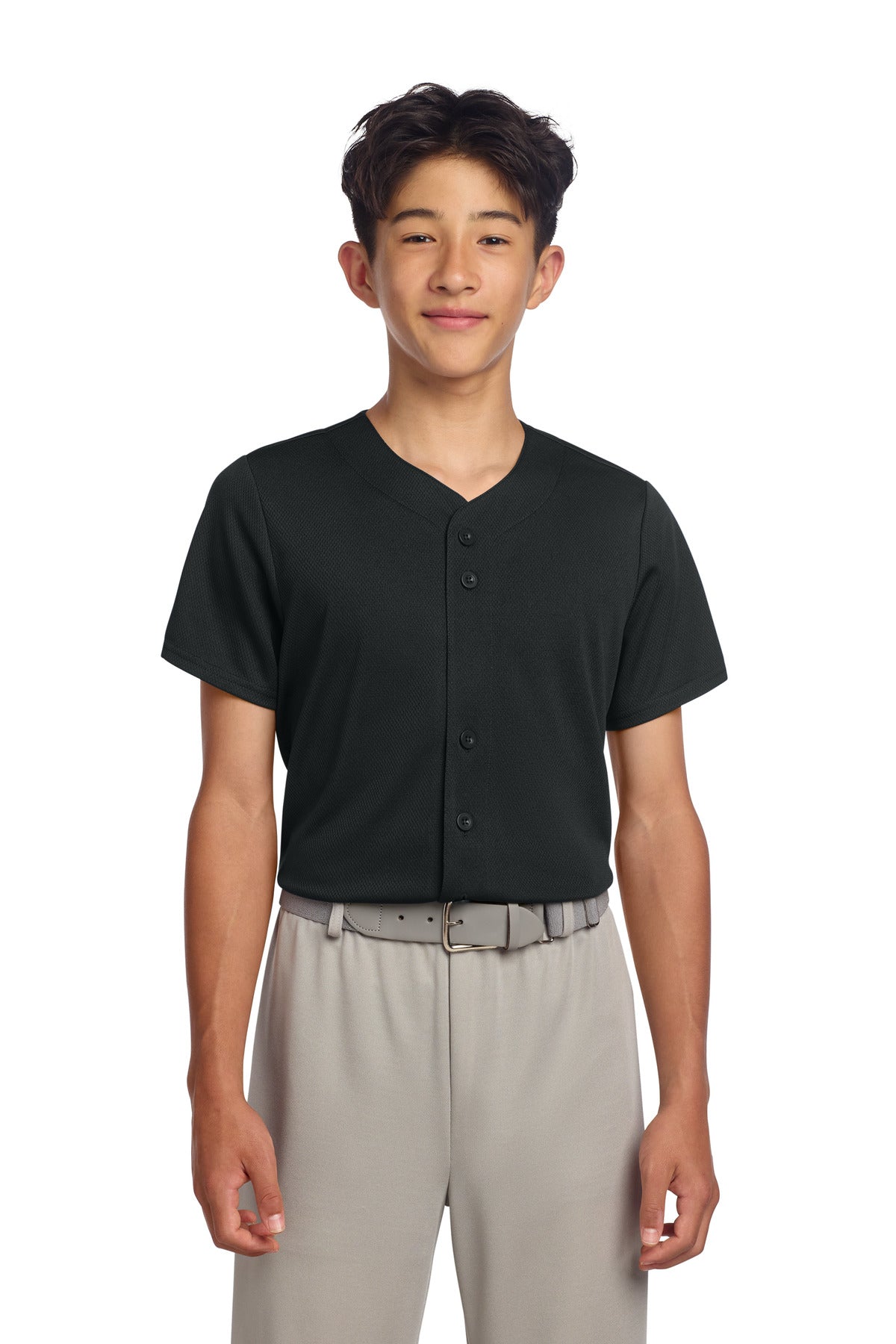 Custom logo Sport-Tek® Youth PosiCharge® Tough Mesh Full-Button Jersey YST220 in Black