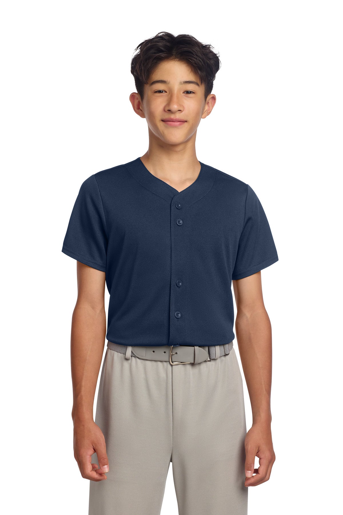 Custom logo Sport-Tek® Youth PosiCharge® Tough Mesh Full-Button Jersey YST220 in True Navy