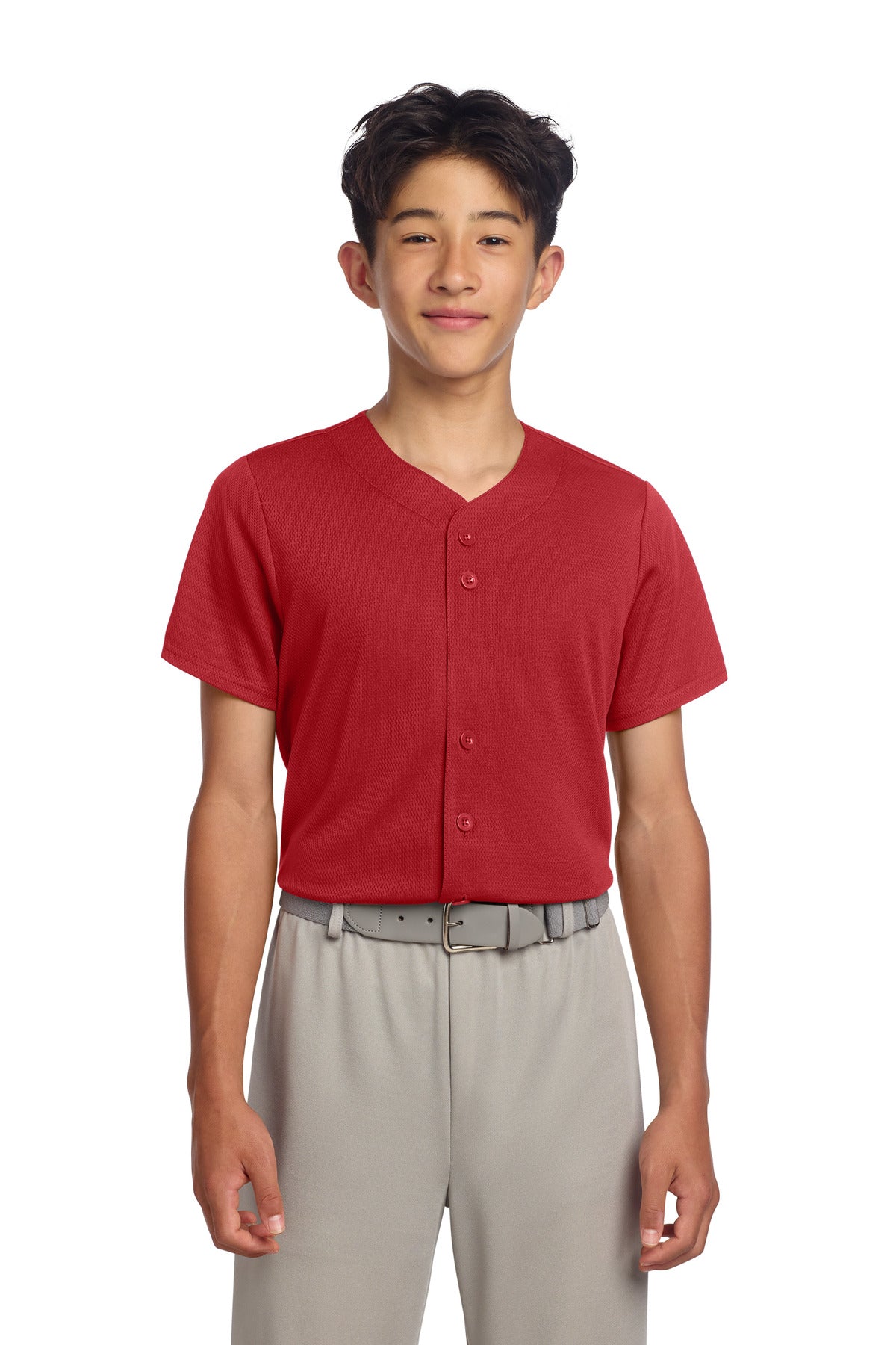 Custom logo Sport-Tek® Youth PosiCharge® Tough Mesh Full-Button Jersey YST220 in True Red