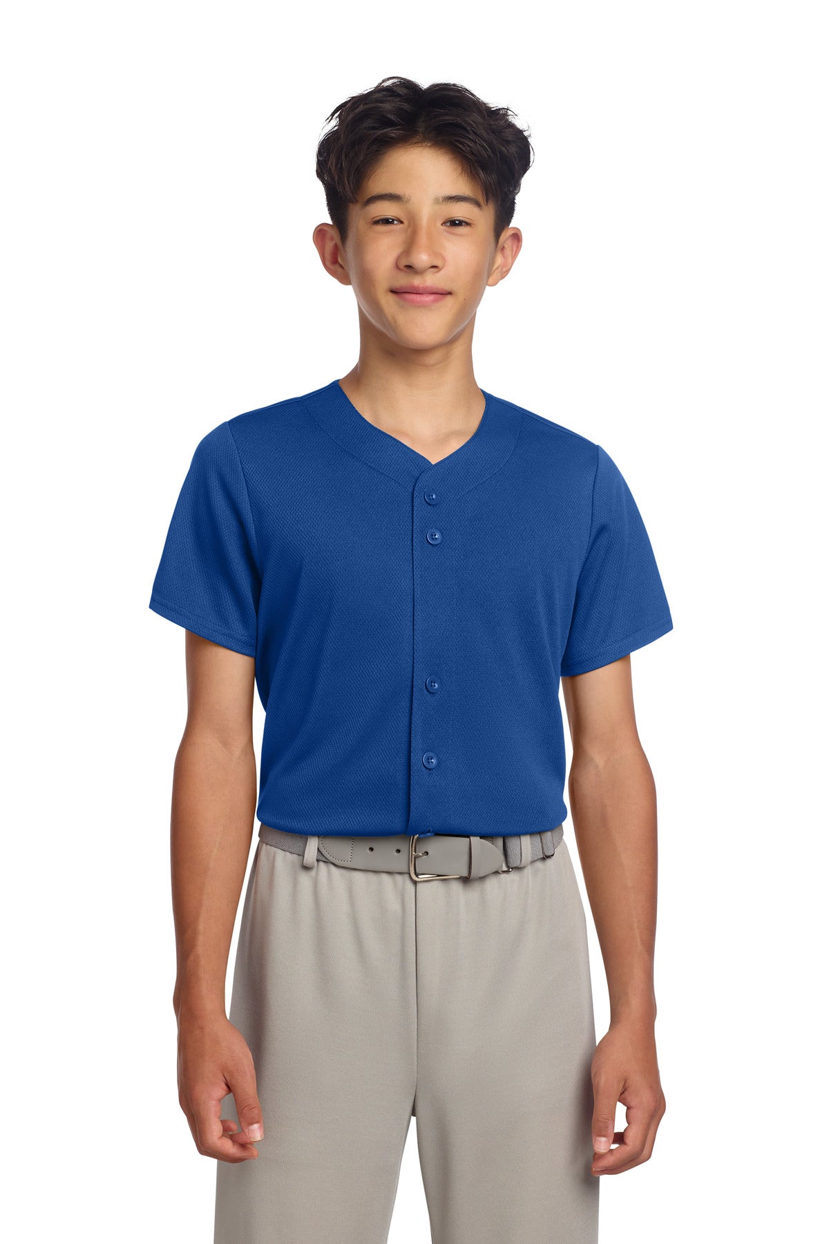 Custom logo Sport-Tek® Youth PosiCharge® Tough Mesh Full-Button Jersey YST220 in True Royal