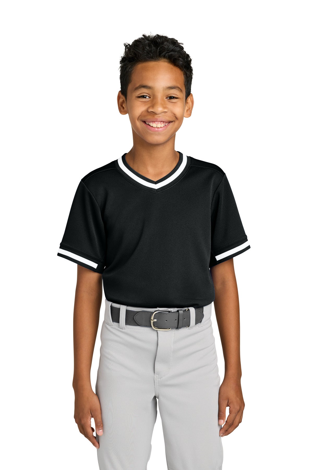 Custom logo Sport-Tek® Youth Tough Mesh V-Neck Baseball Jersey YST221 in Black