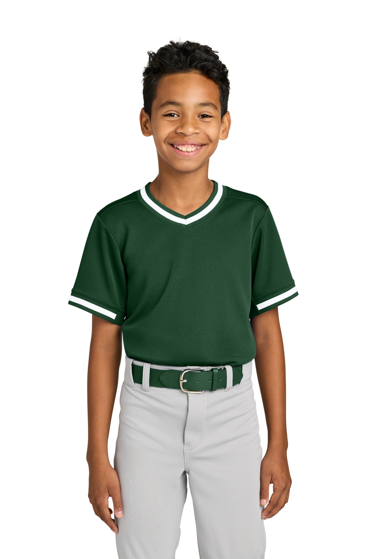 Custom logo Sport-Tek® Youth Tough Mesh V-Neck Baseball Jersey YST221 in Forest Green