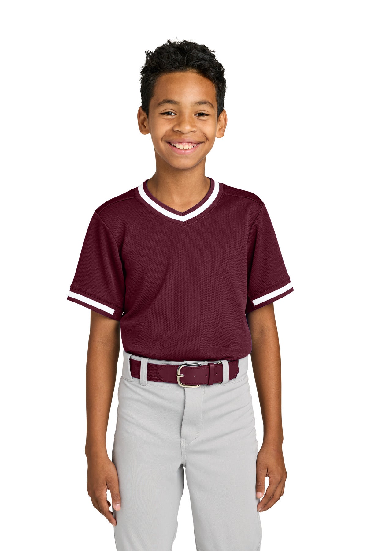 Custom logo Sport-Tek® Youth Tough Mesh V-Neck Baseball Jersey YST221 in Maroon