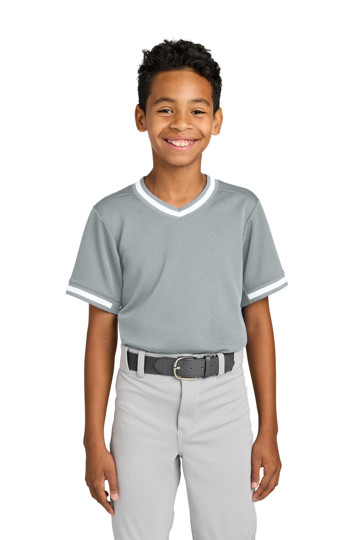 Custom logo Sport-Tek® Youth Tough Mesh V-Neck Baseball Jersey YST221 in Silver