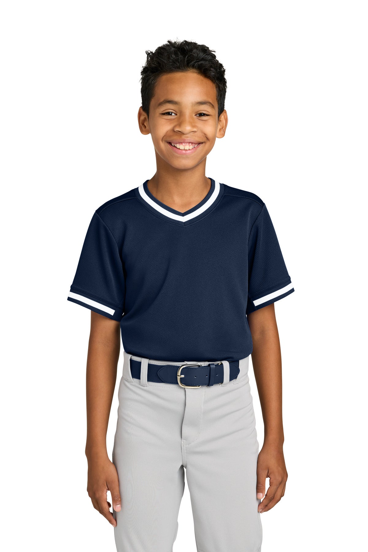 Custom logo Sport-Tek® Youth Tough Mesh V-Neck Baseball Jersey YST221 in True Navy