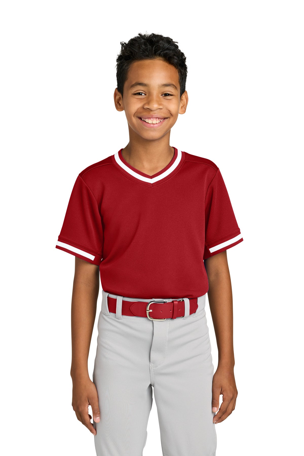 Custom logo Sport-Tek® Youth Tough Mesh V-Neck Baseball Jersey YST221 in True Red
