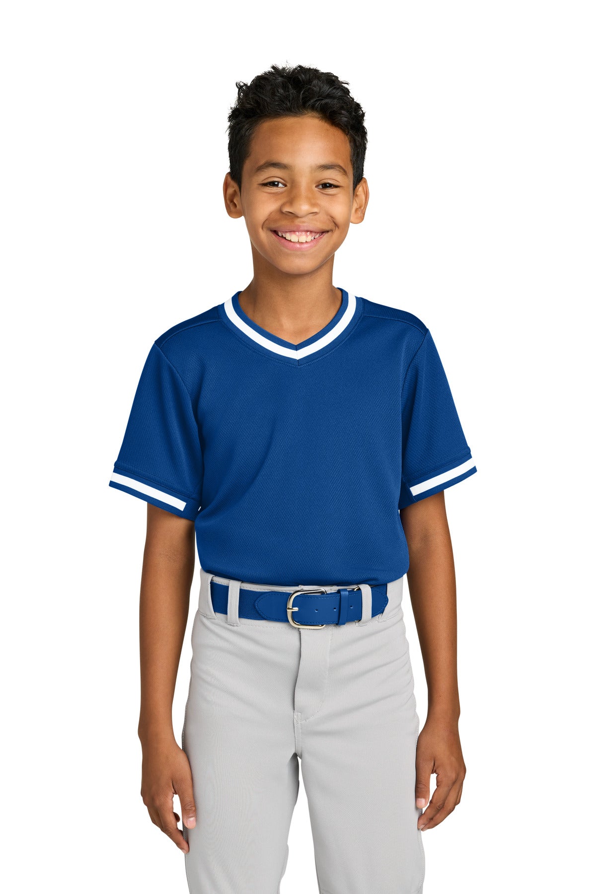 Custom logo Sport-Tek® Youth Tough Mesh V-Neck Baseball Jersey YST221 in True Royal