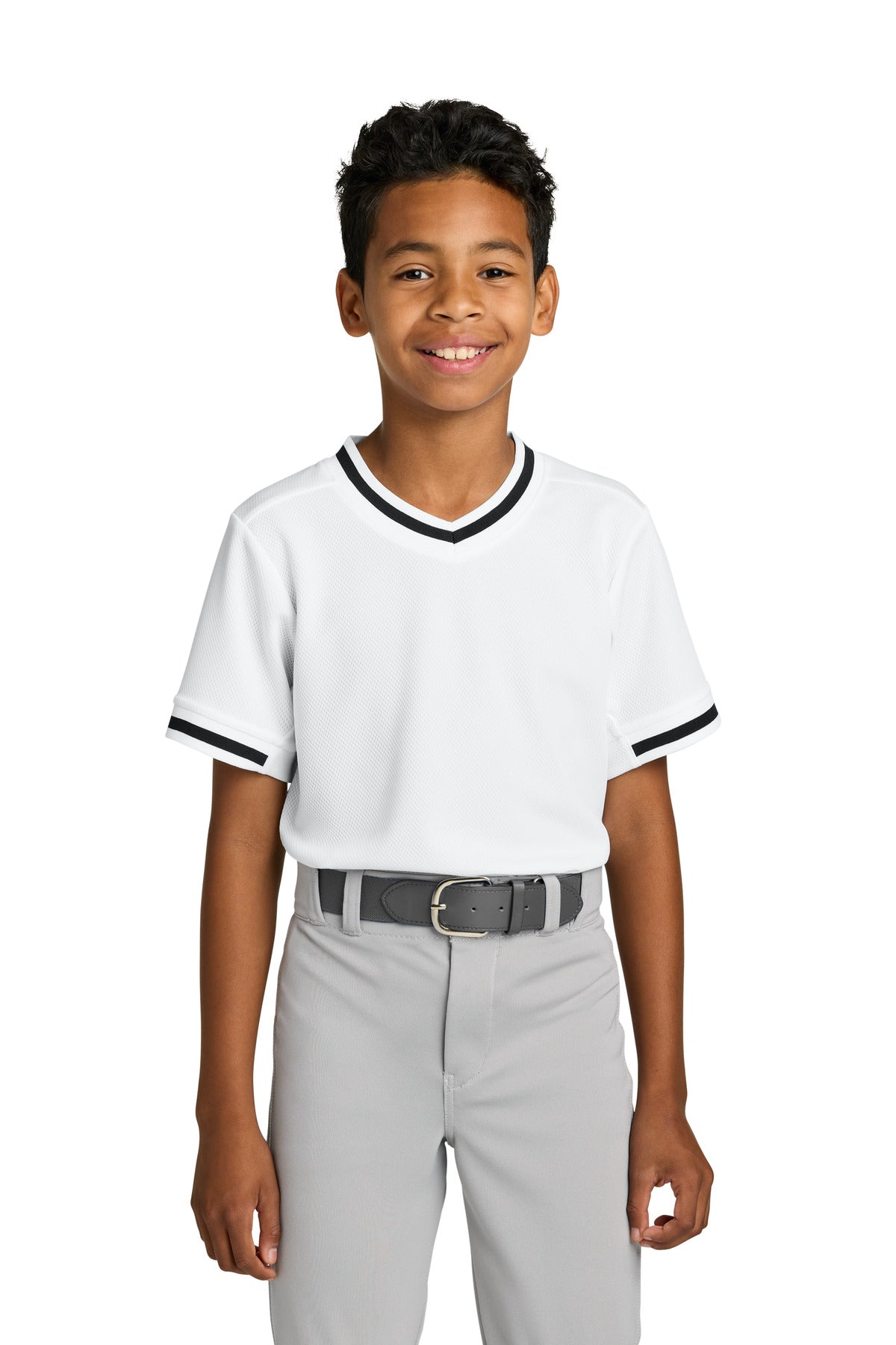 Custom logo Sport-Tek® Youth Tough Mesh V-Neck Baseball Jersey YST221 in White