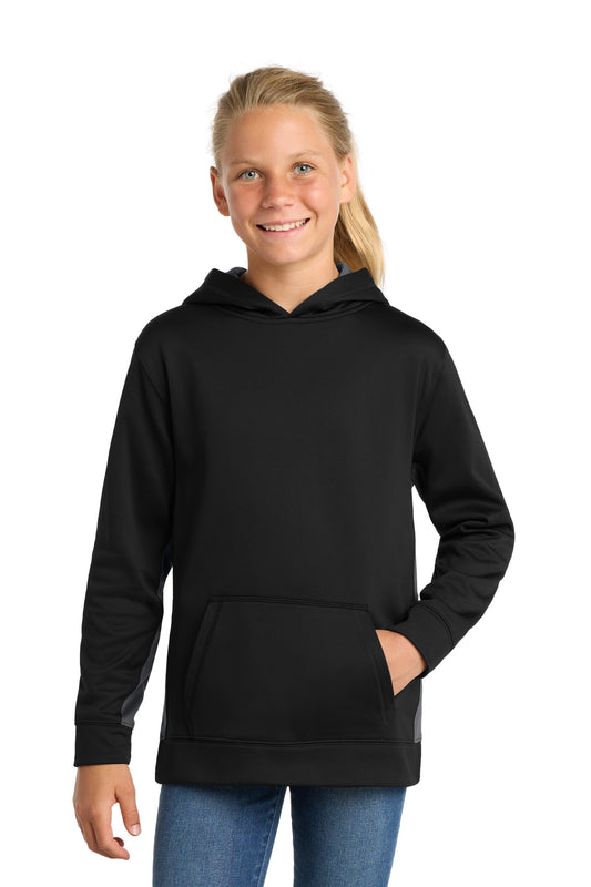 Custom logo Sport-Tek® Youth Sport-Wick® Fleece Colorblock Hooded Pullover.  YST235 in Black/ Dark Smoke Grey