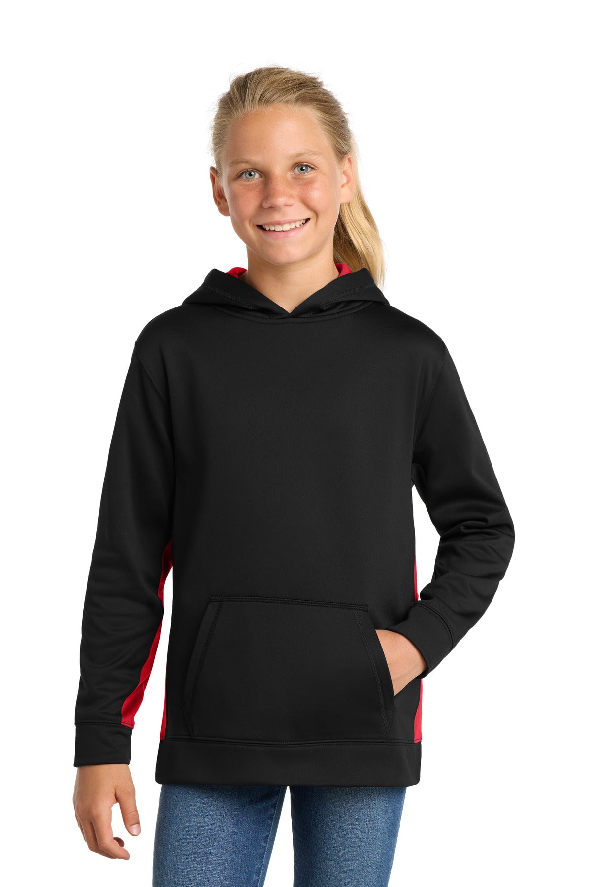 Custom logo Sport-Tek® Youth Sport-Wick® Fleece Colorblock Hooded Pullover.  YST235 in Black/ Deep Red
